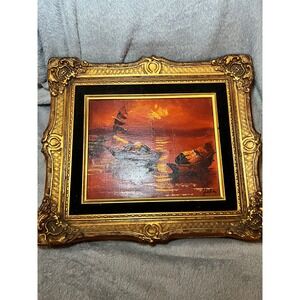 Vintage Framed Seascape Oil Painting Boats Sunset Nautical Art 15x13 Signed